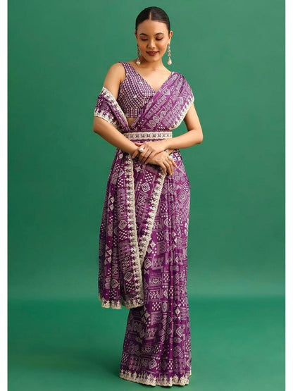 Purple Digital Printed Chinon Silk Saree
