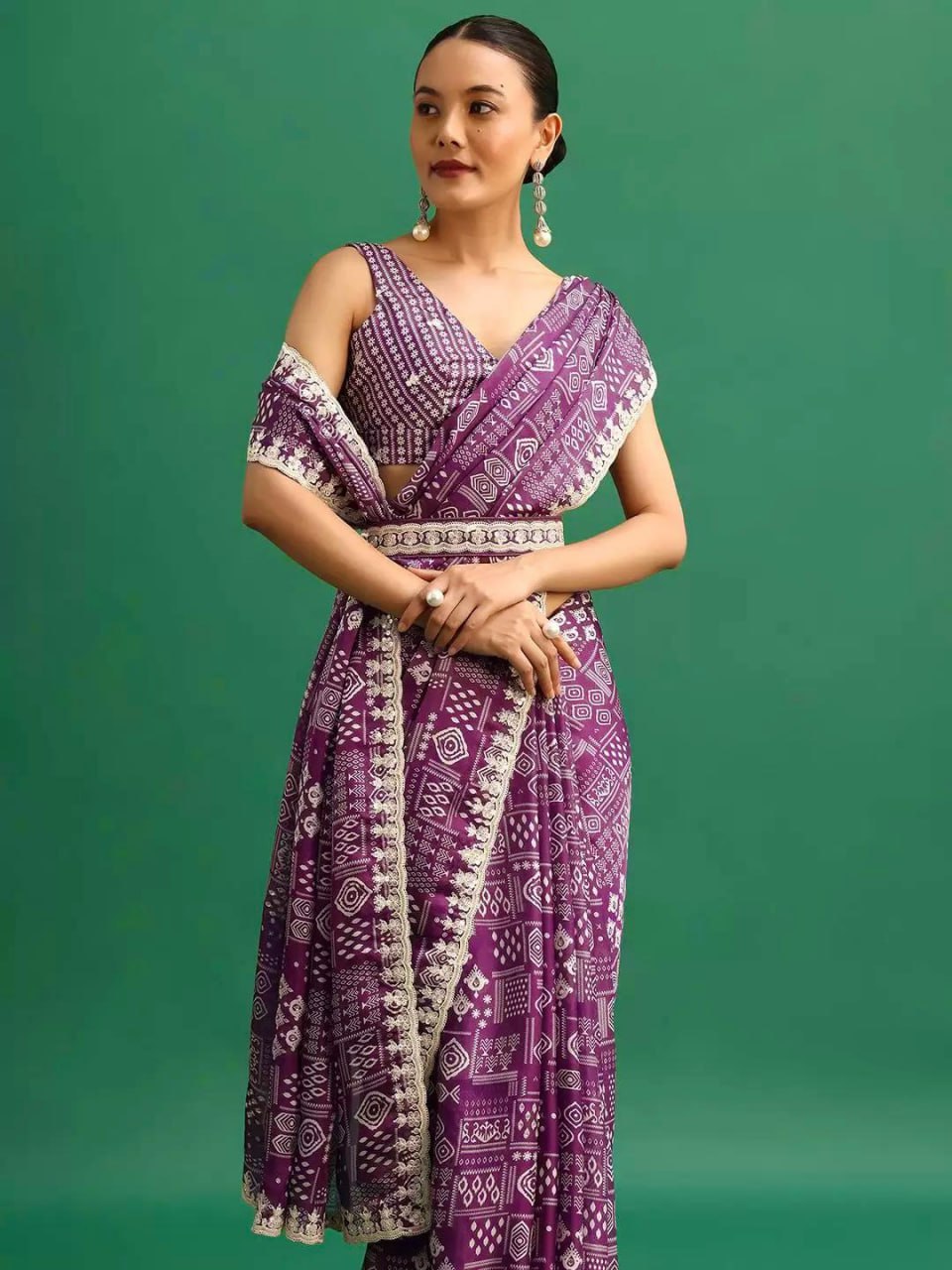 Purple Digital Printed Chinon Silk Saree