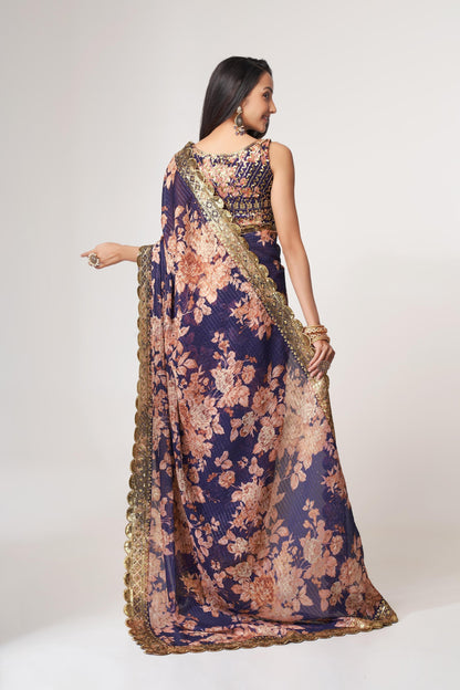 Purple Floral Printed Organza Saree With Blouse | 100% Original Saree