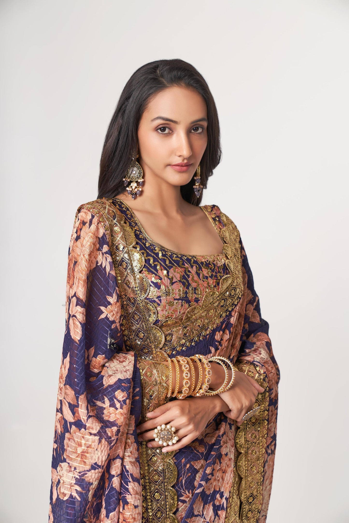 Purple Floral Printed Organza Saree With Blouse | 100% Original Saree