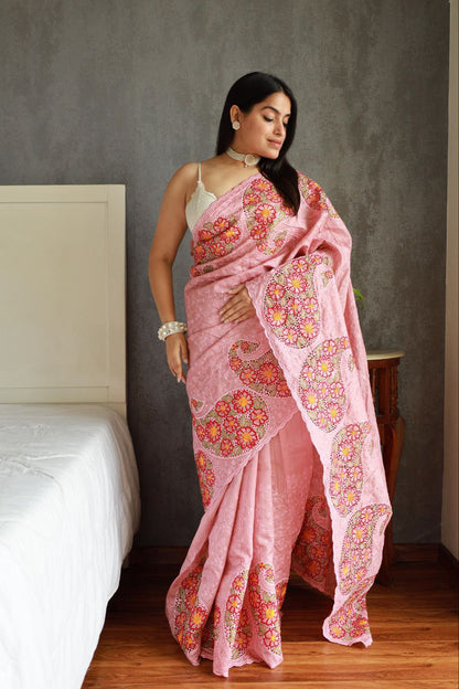 Peach Gadhwali Silk Saree
