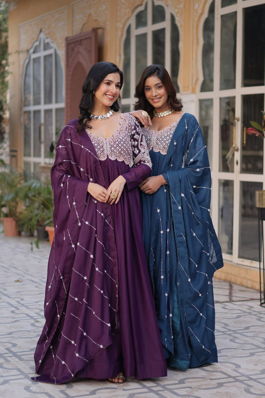 Purple Georgette Gown Dress With Dupatta