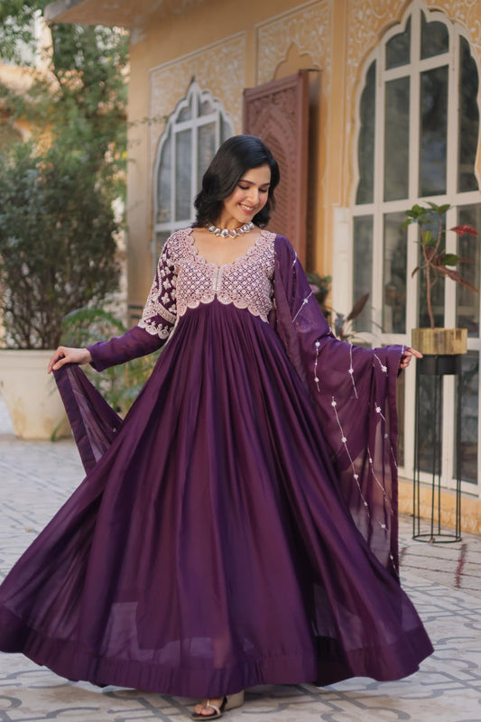 Purple Georgette Gown Dress With Dupatta