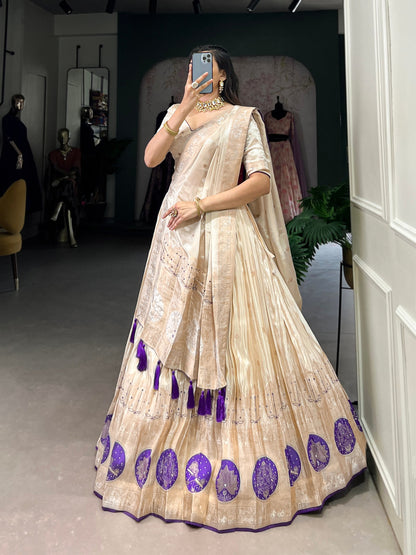 Purple & Off White Shimmer Lehenga For Wedding