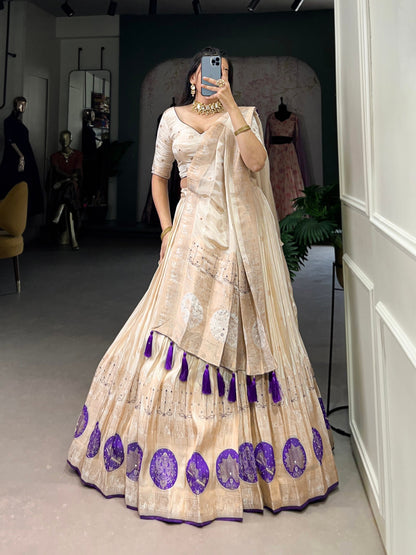 Purple & Off White Shimmer Lehenga For Wedding