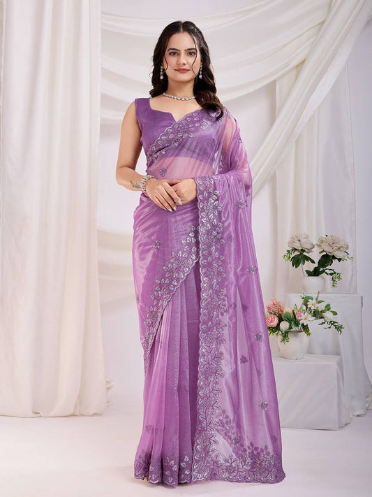 Purple Party Wear Gold Twill Net Saree