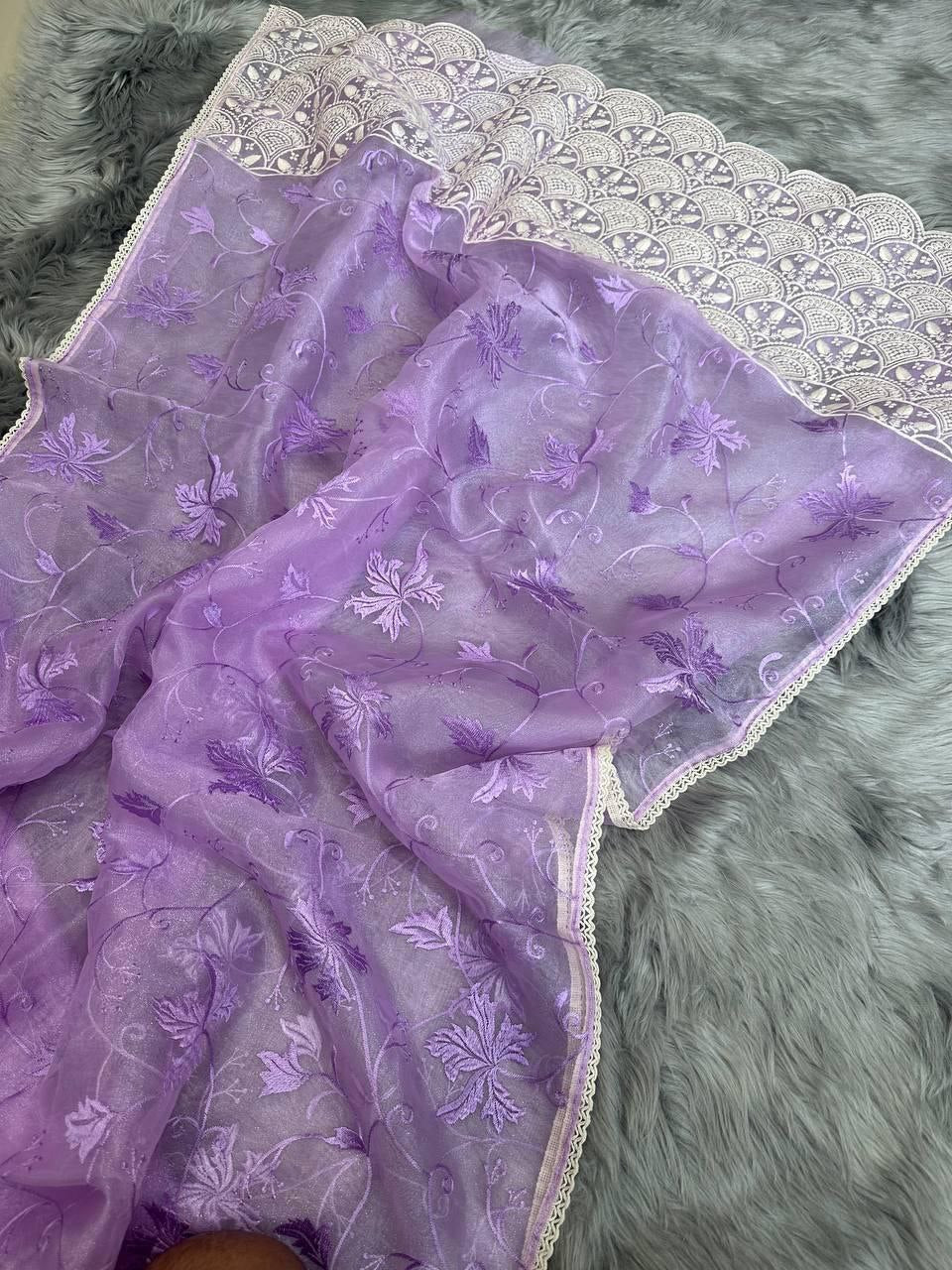 Lavender Party Wear Organza Silk Saree