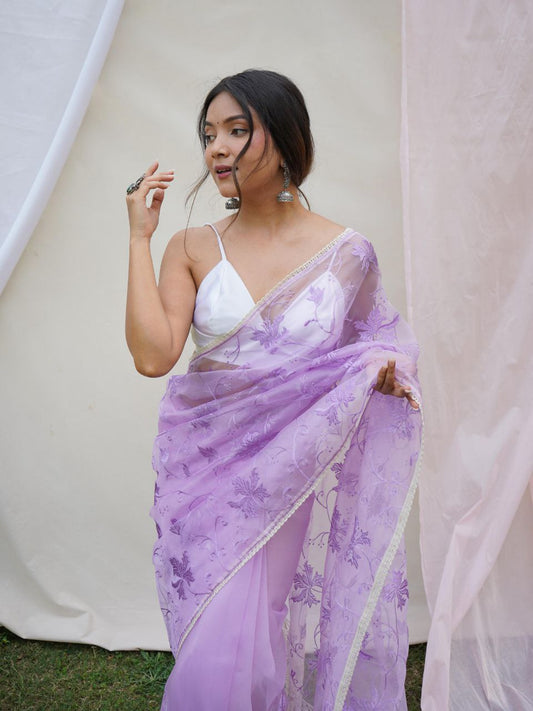 Lavender Party Wear Organza Silk Saree