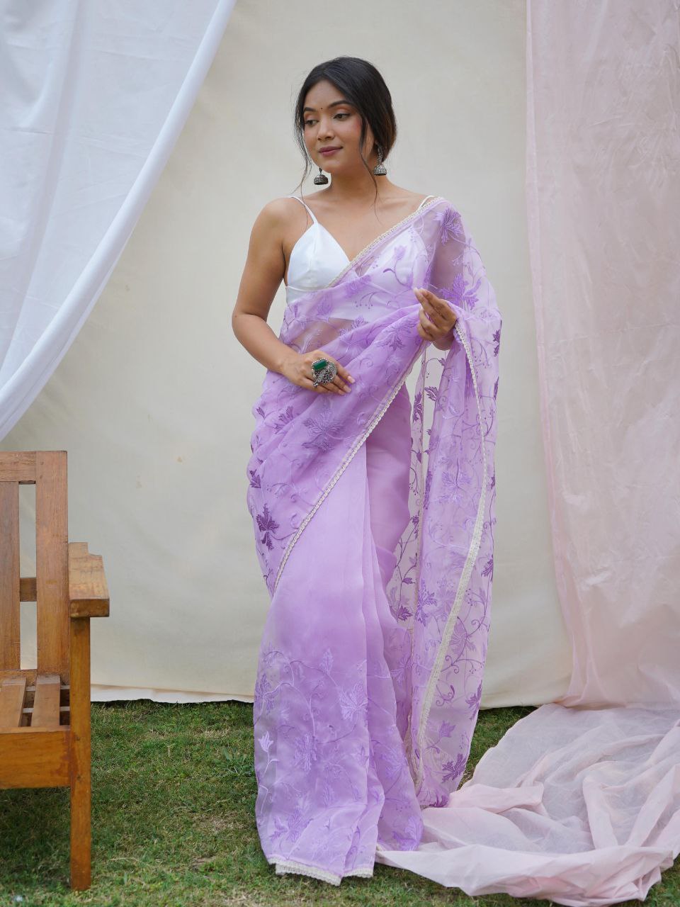 Lavender Party Wear Organza Silk Saree