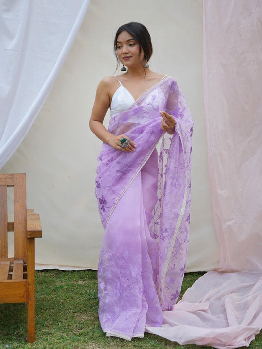 Lavender Party Wear Organza Silk Saree