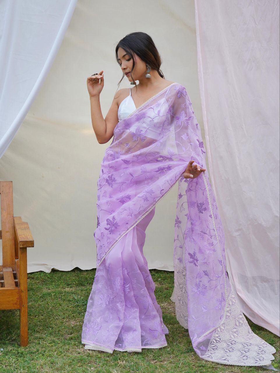 Lavender Party Wear Organza Silk Saree