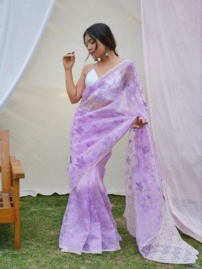 Lavender Party Wear Organza Silk Saree