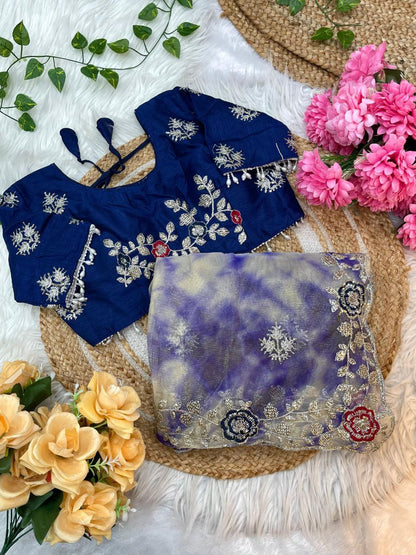 Purple Prism Printed Twill Net Saree