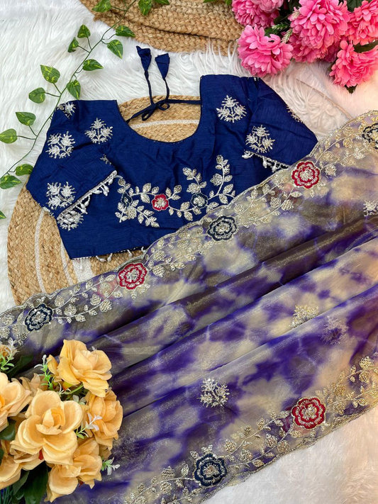 Purple Prism Printed Twill Net Saree