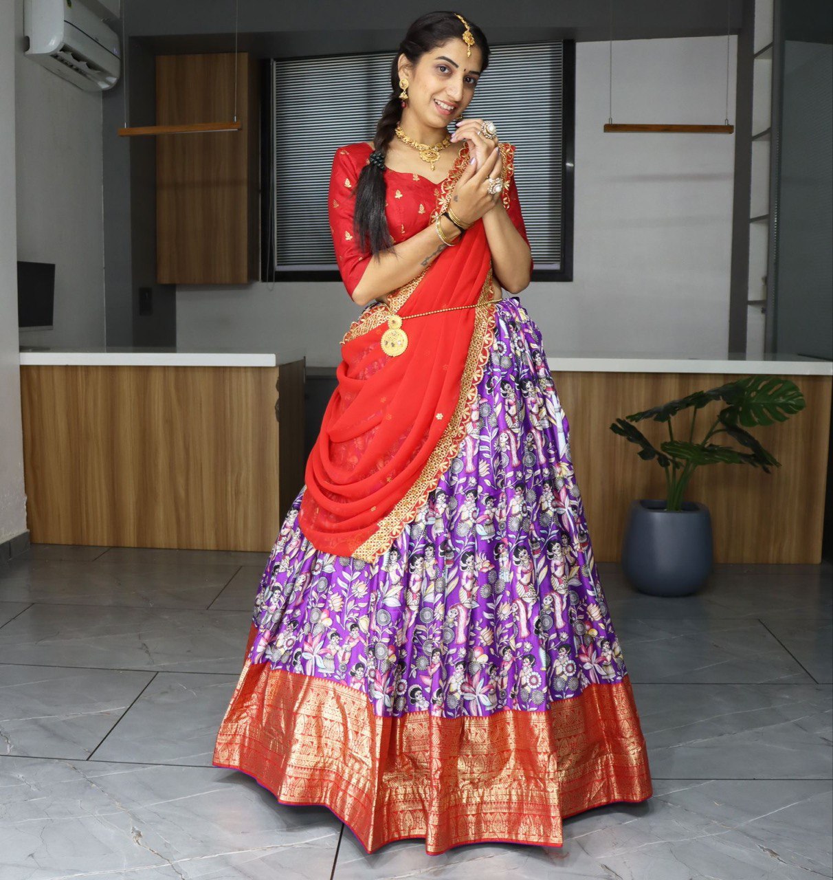 Purple & Red Designer Georgette Lehenga Choli