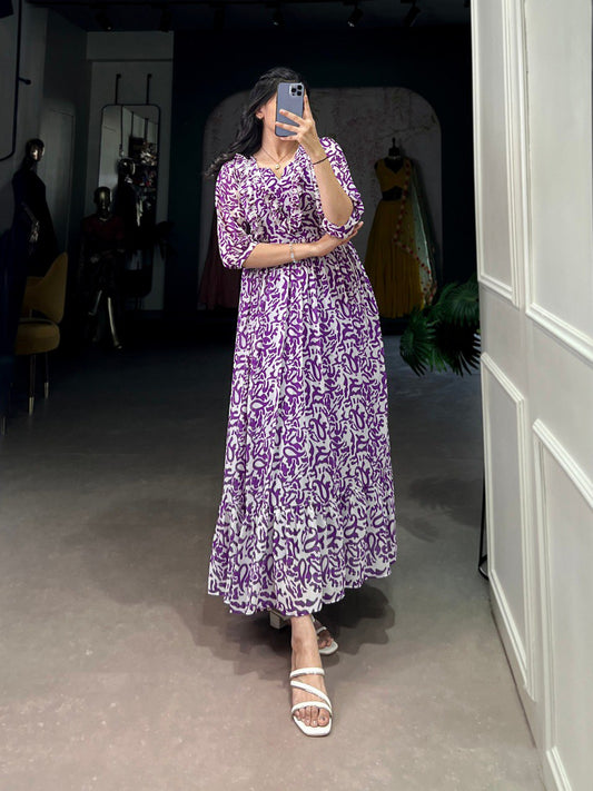 Purple Stylish Printed Georgette Frock Dress