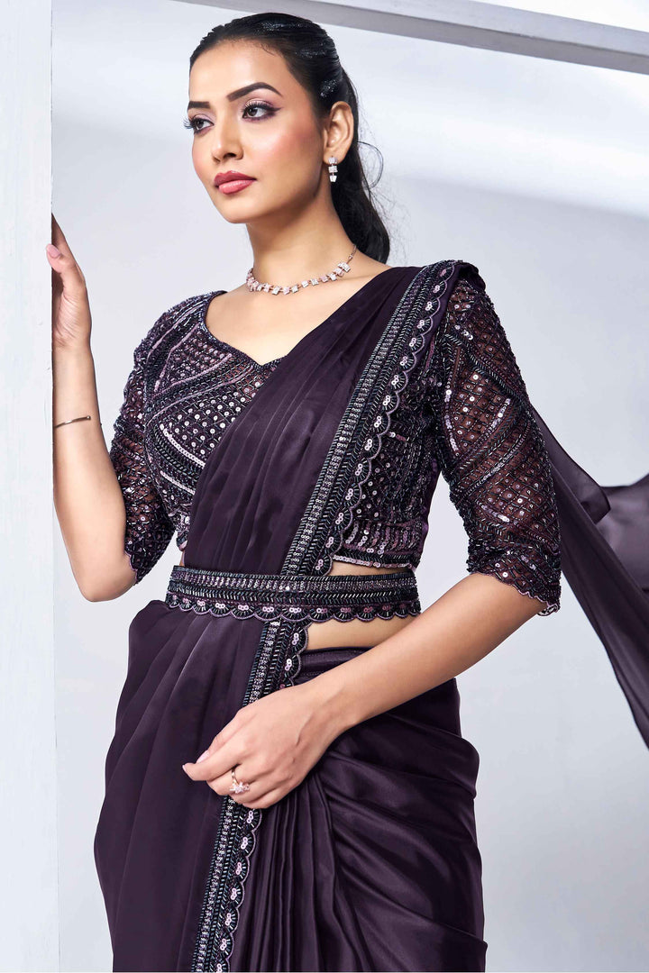 Purple Stylish Ready Made Satin Silk Saree With Belt | Original Saree