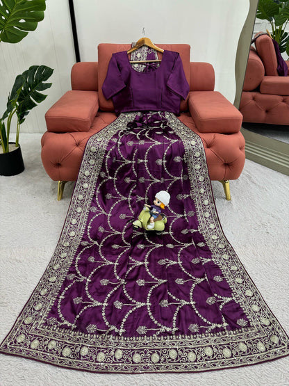 Purple Wedding Wear Japan Satin Silk Saree