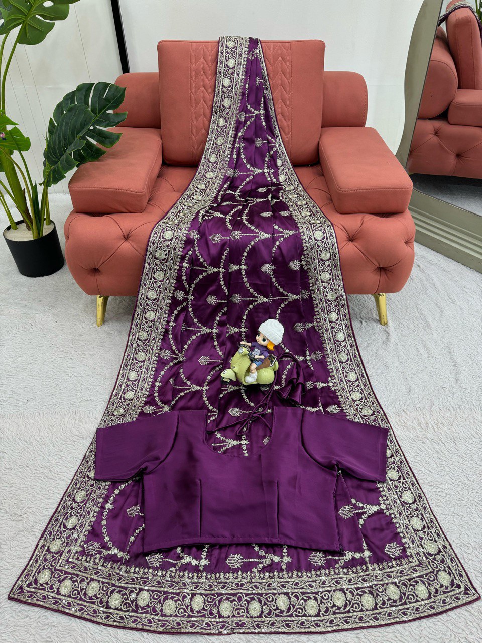 Purple Wedding Wear Japan Satin Silk Saree