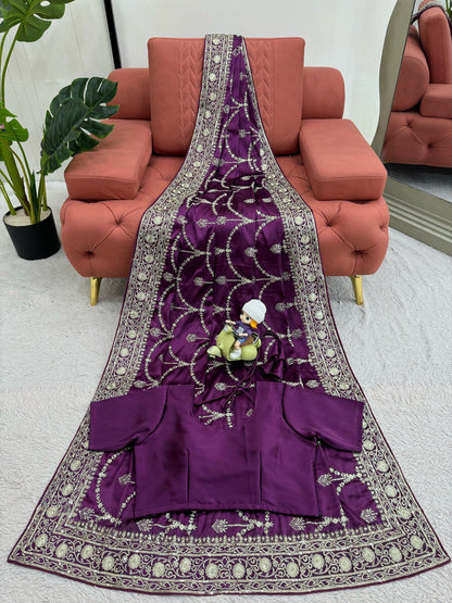 Purple Wedding Wear Japan Satin Silk Saree