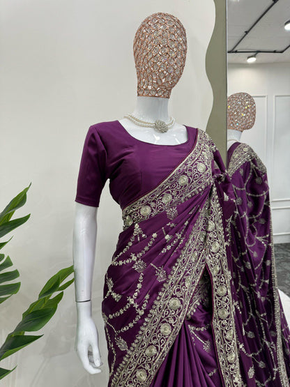 Purple Wedding Wear Japan Satin Silk Saree