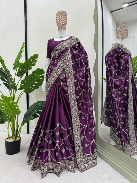 Purple Wedding Wear Japan Satin Silk Saree