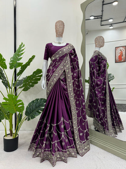 Purple Wedding Wear Japan Satin Silk Saree