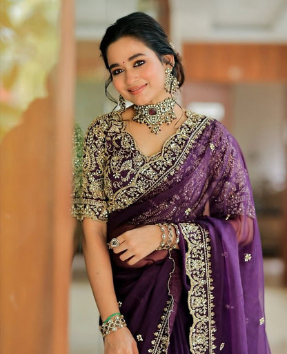 Purple Wedding Wear Organza Silk Saree
