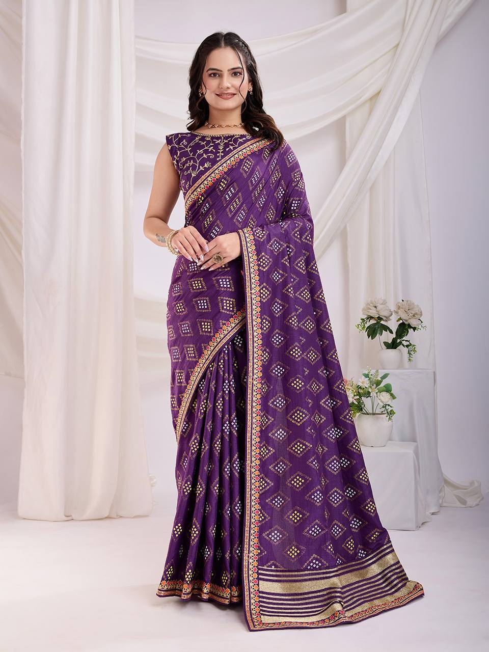 Purple Wedding Wear Vichitra Silk Saree