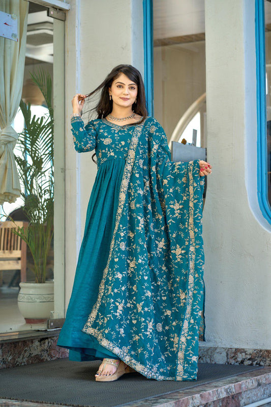 Rama Designer Crunchy Silk Gown With Dupatta