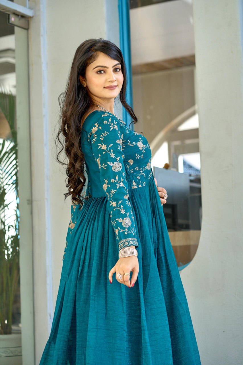 Rama Designer Crunchy Silk Gown With Dupatta