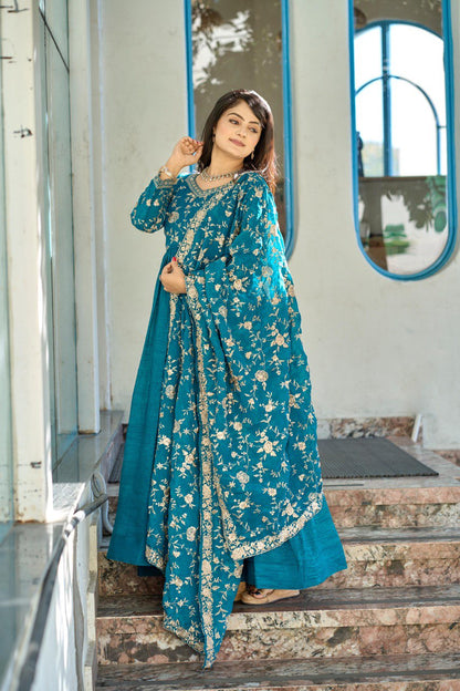 Rama Designer Crunchy Silk Gown With Dupatta