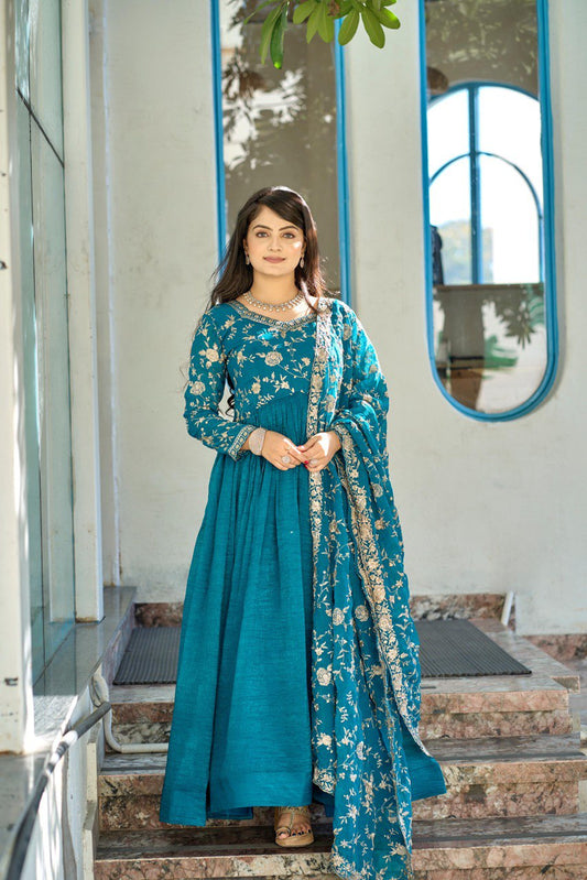 Rama Designer Crunchy Silk Gown With Dupatta
