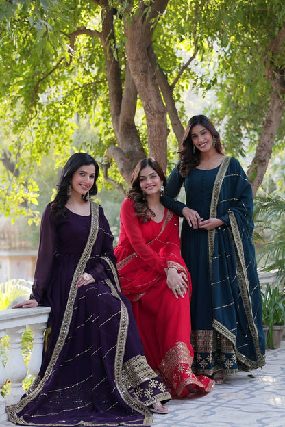 Wine Designer Georgette Gown With Dupatta