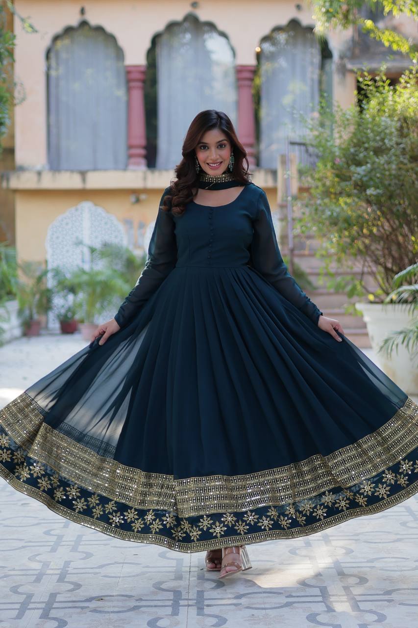 Rama Designer Georgette Gown With Dupatta
