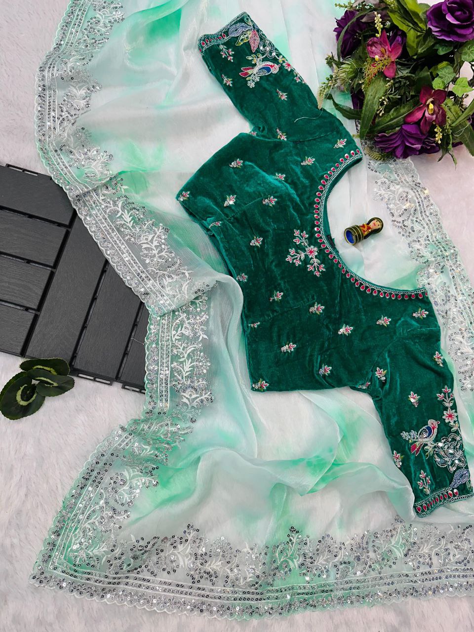 Rama Shibori Printed Burberry Silk Saree