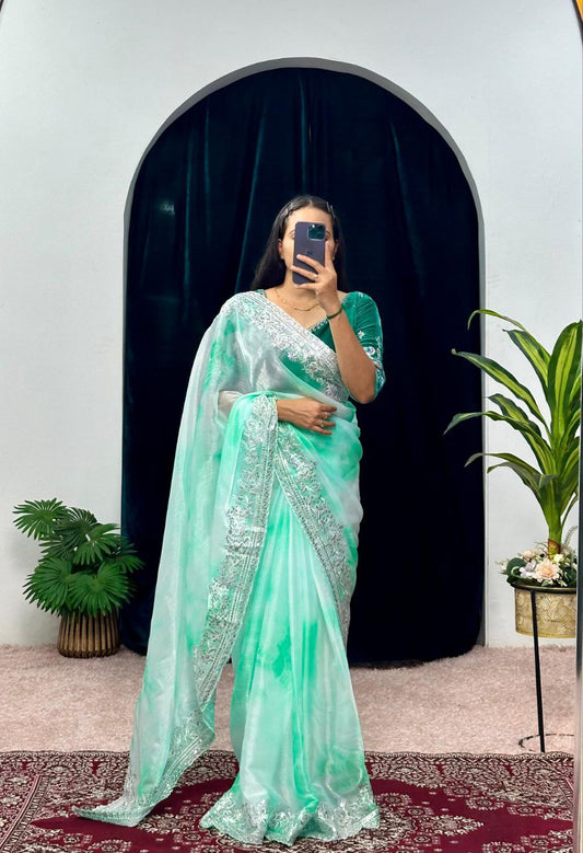 Rama Shibori Printed Burberry Silk Saree