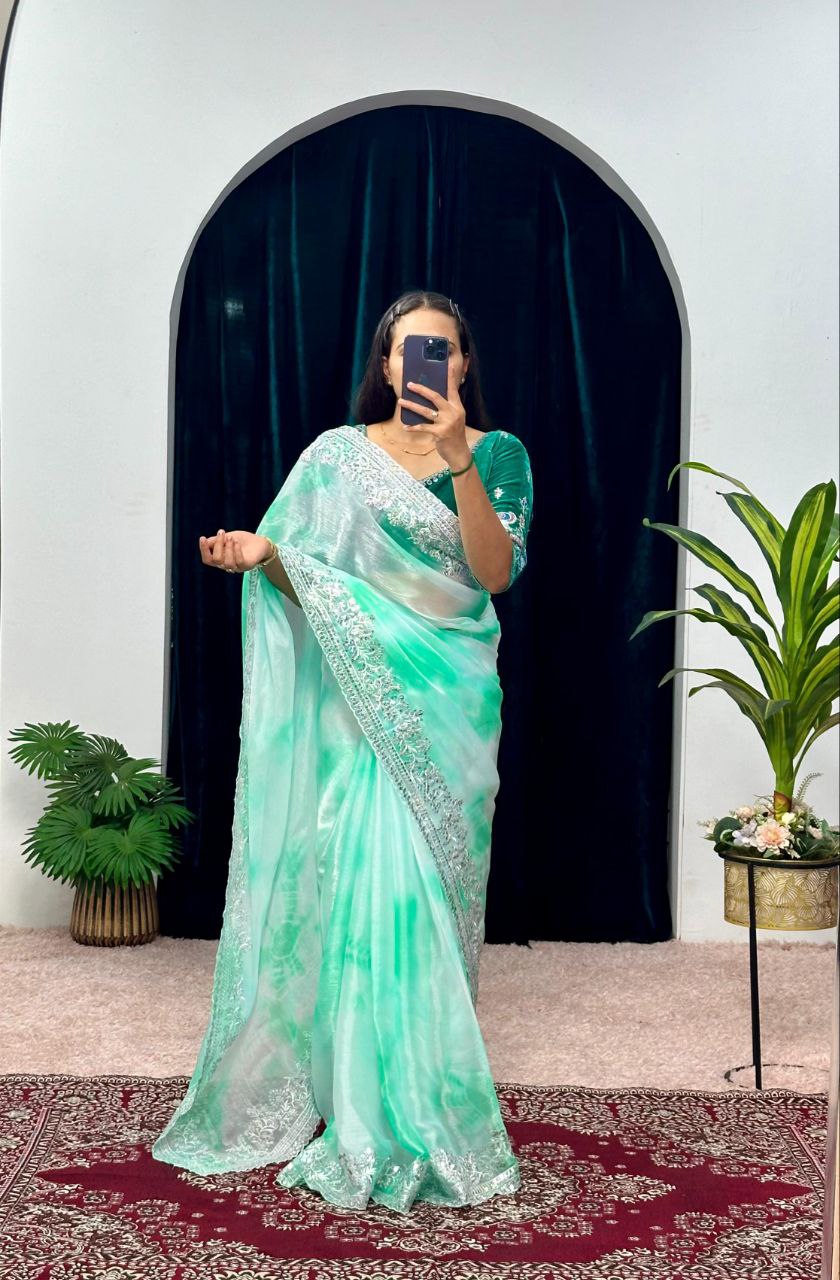 Rama Shibori Printed Burberry Silk Saree