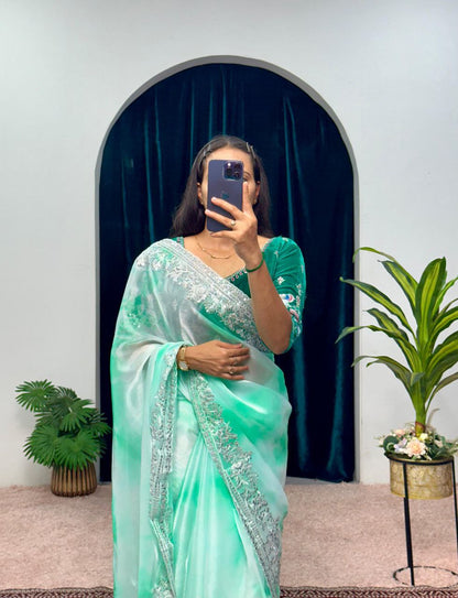 Rama Shibori Printed Burberry Silk Saree