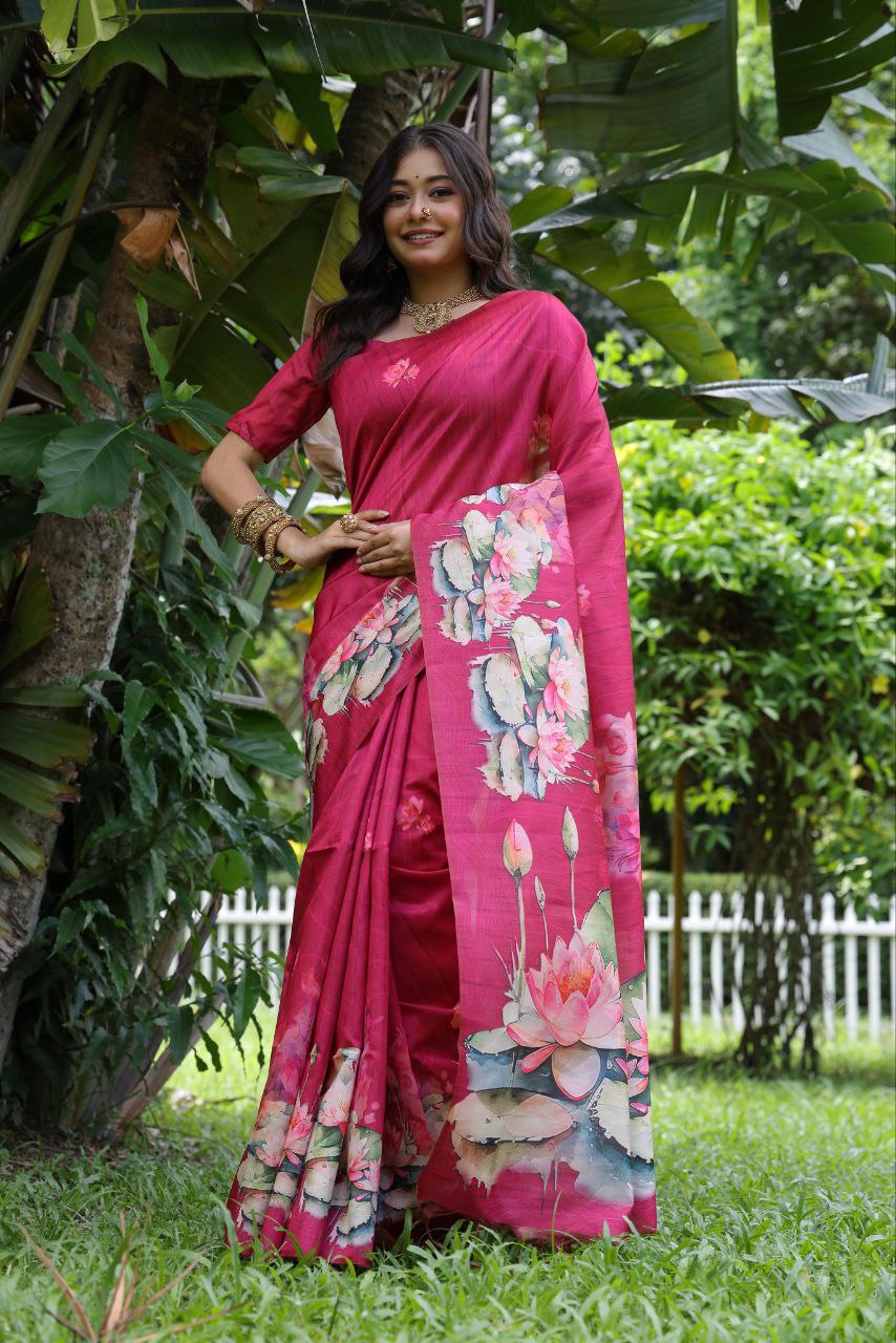 Rani Lotus Printed Tussar Silk Saree