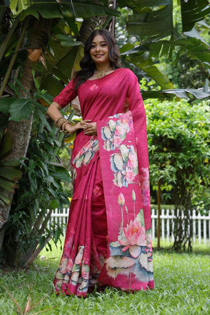 Rani Lotus Printed Tussar Silk Saree