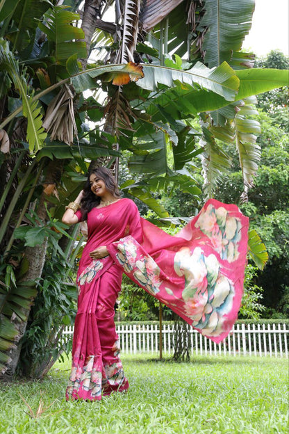 Rani Lotus Printed Tussar Silk Saree