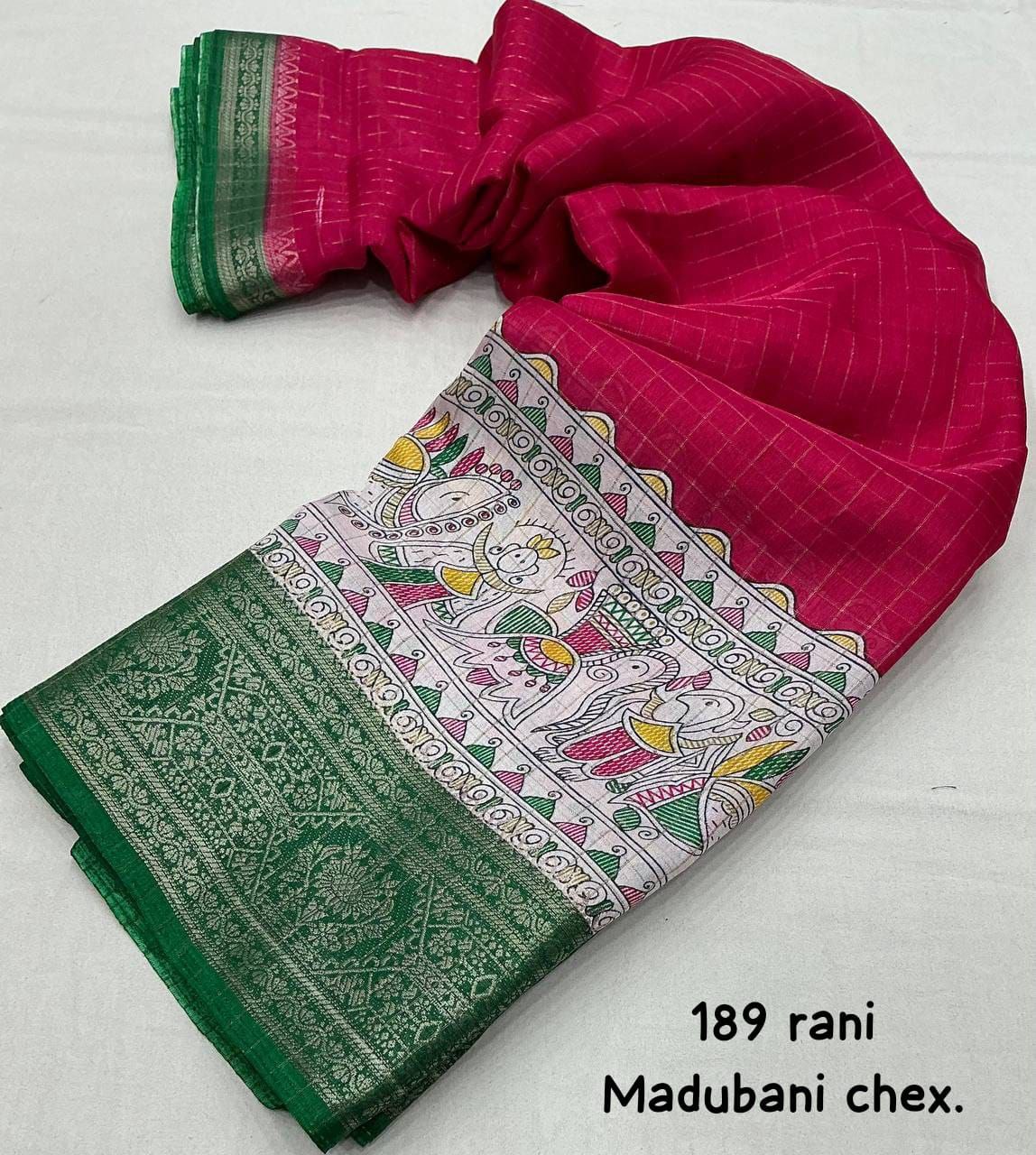 Rani Madhubani Printed Cotton Crape Chex Saree