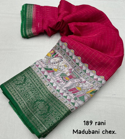 Rani Madhubani Printed Cotton Crape Chex Saree