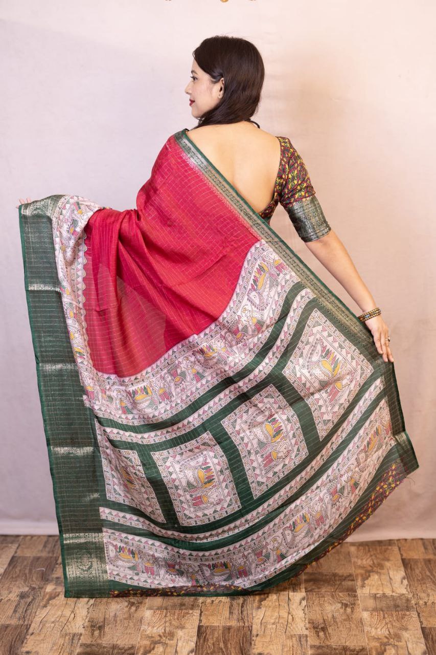 Rani Madhubani Printed Cotton Crape Chex Saree