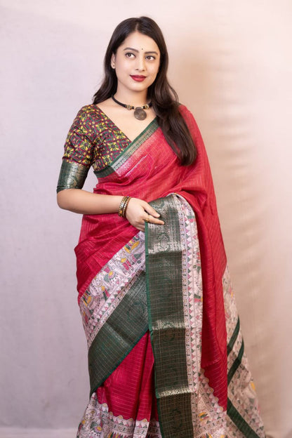 Rani Madhubani Printed Cotton Crape Chex Saree