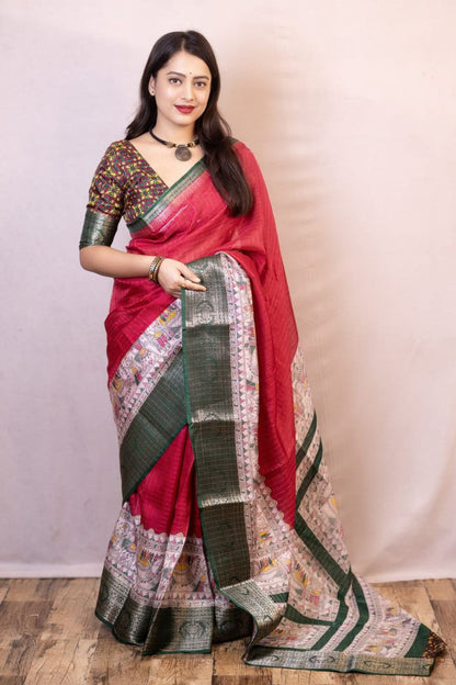 Rani Madhubani Printed Cotton Crape Chex Saree