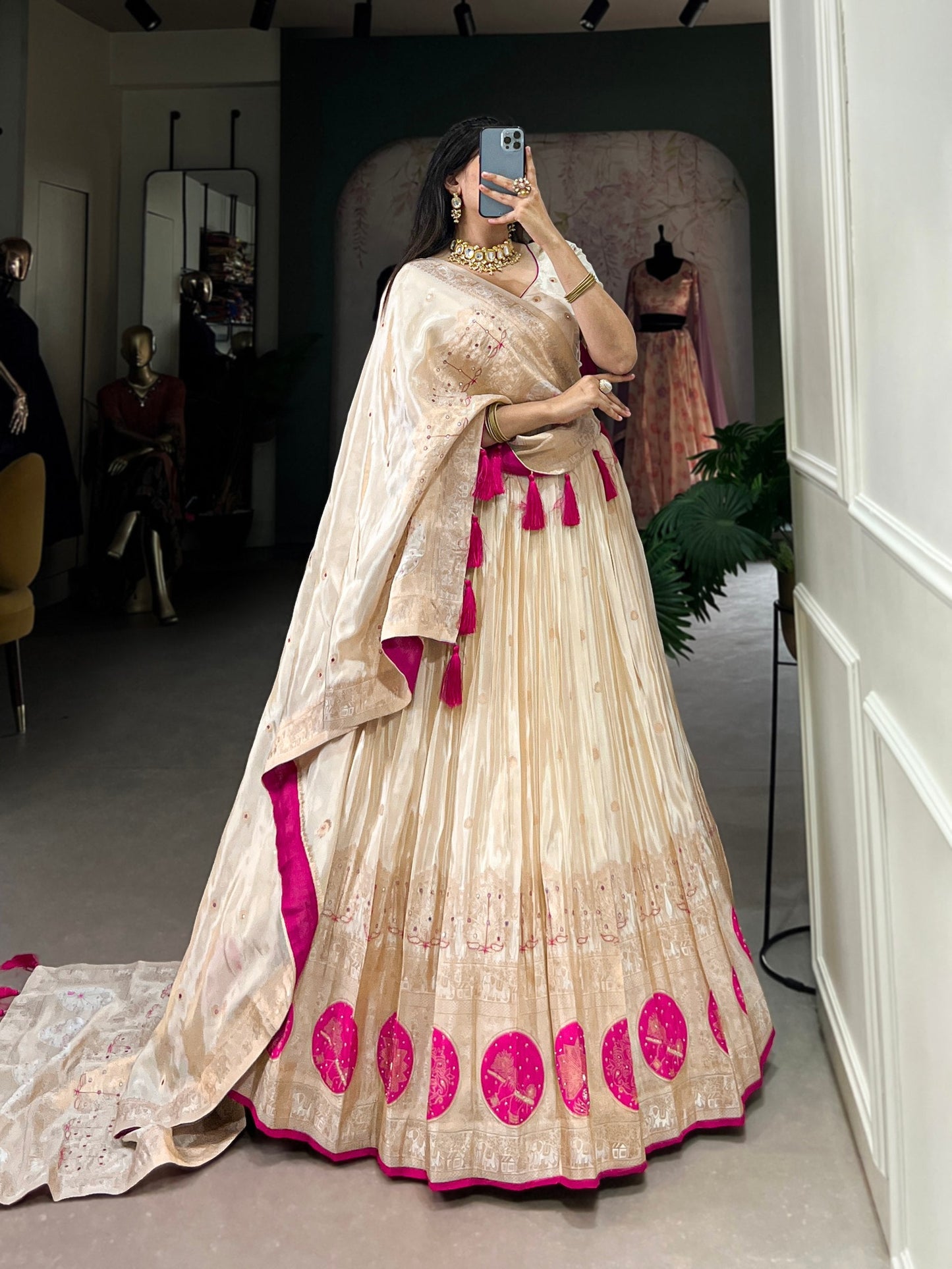Rani & Off White Shimmer Lehenga For Wedding