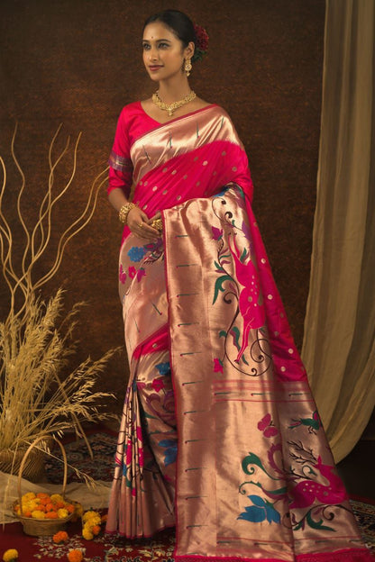 Rani Pink Banarasi Soft Silk Paithani Saree