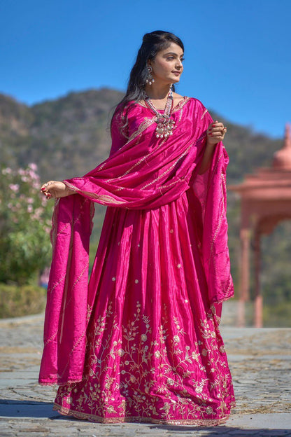Rani Pink Chinon Lehenga Choli For Wedding